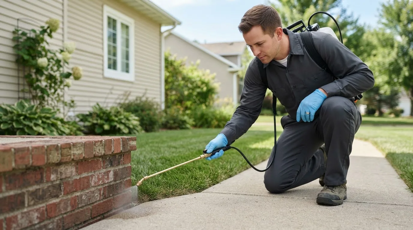 Pest control technician treating a home near Calliham, TX