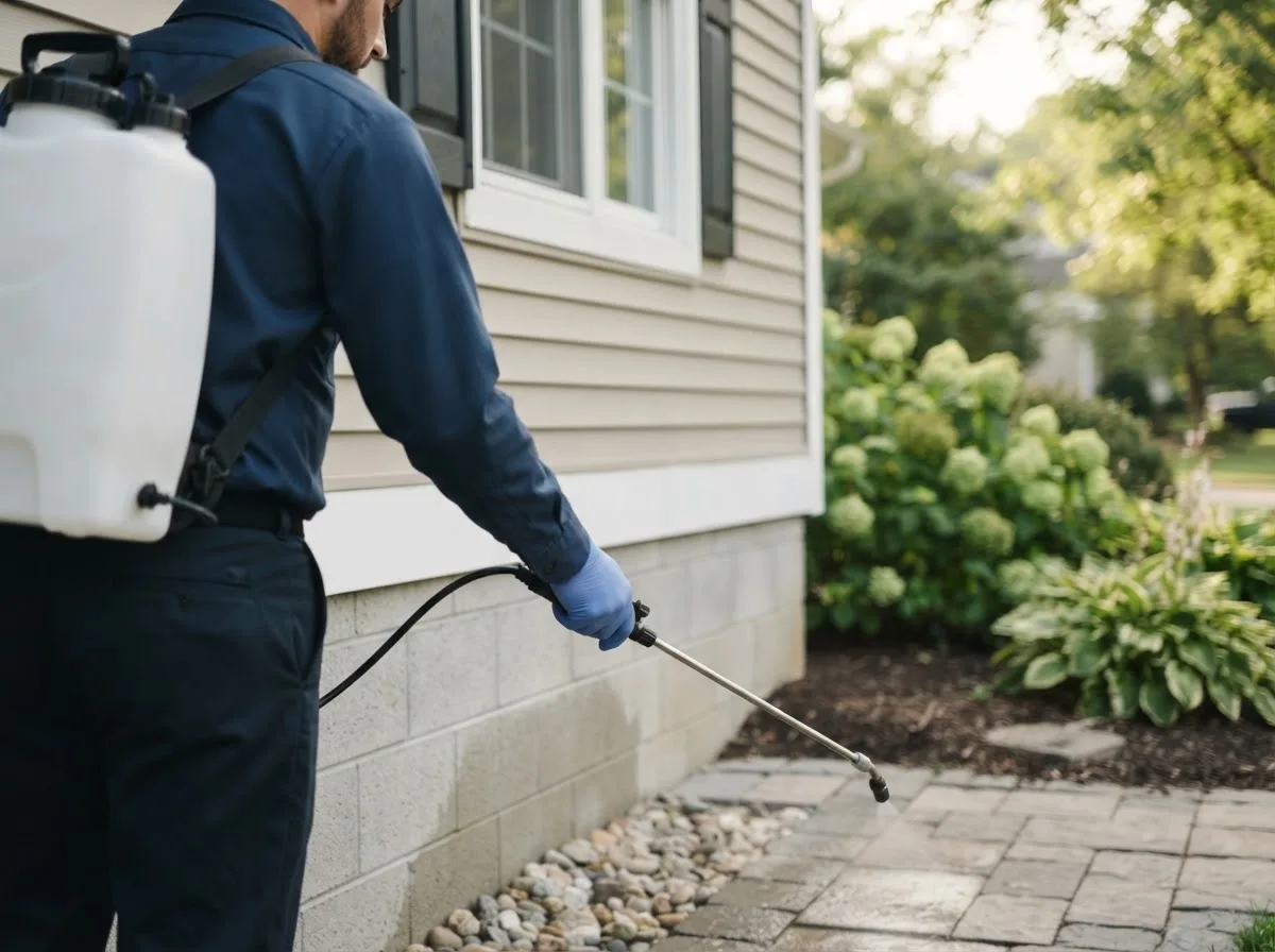 Pest control technician inspecting a home in Calliham, TX